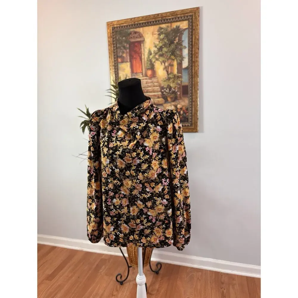 Pleione‎ Women Blouse M Retro Cottagecore Long sleeve High Keyhole Neck Boho